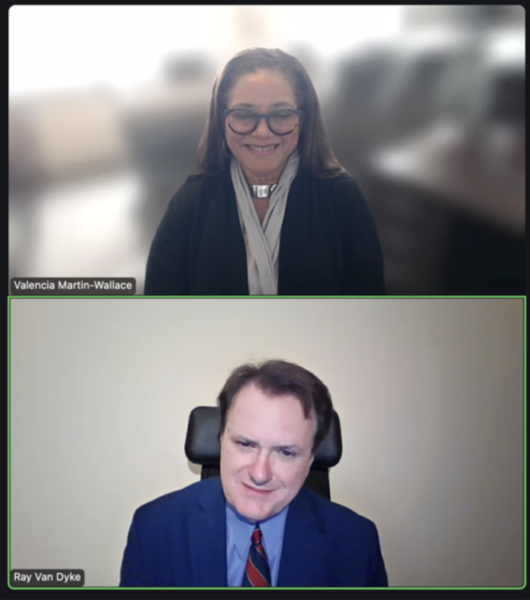 In order from top to bottom, Ray Van Dyke, Peter-Anthony Pappas, Valencia Martin-Wallace, and Ray Van Dyke. All four images are participants on a Zoom call for World IP Day.